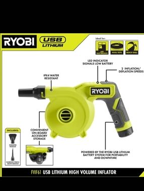 RYOBI Cordless High Volume Inflator Kit Includes USB Lithium Rechargable Battery